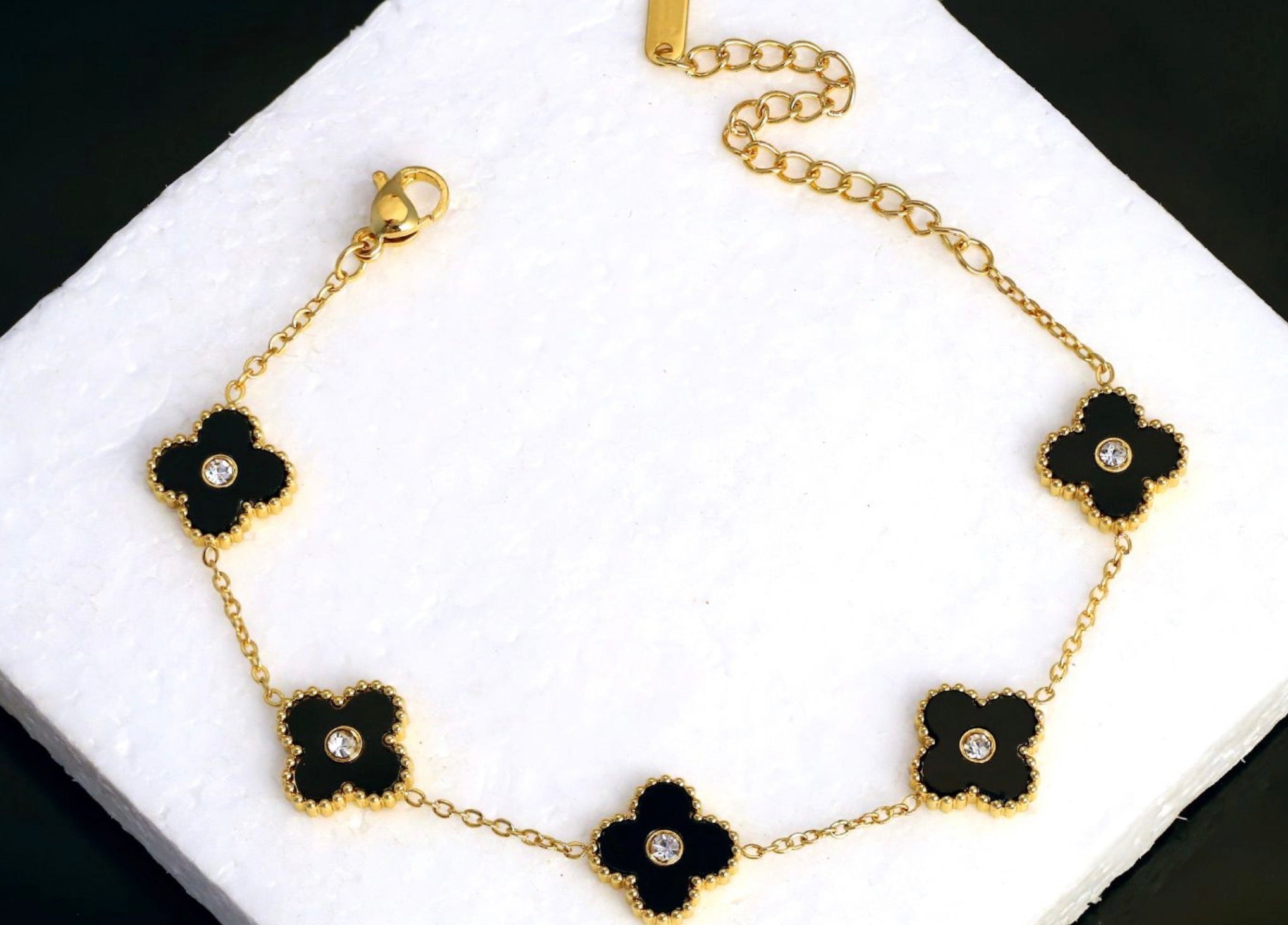 22K Gold Plated Stainless Steel Black Clover Bracelet